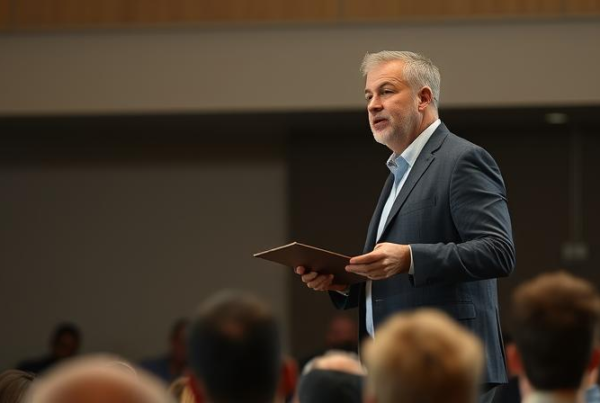 A confident speaker standing tall, addressing an audience with a poised and self-assured expression.