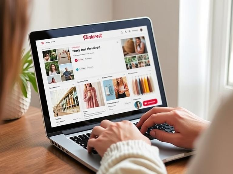 Person creating a Pinterest Idea Pin with images, videos, and product tags on a laptop