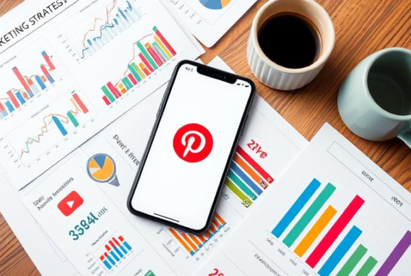 Pinterest marketing concept with analytics, mobile phone showing Pinterest app, and marketing graphs