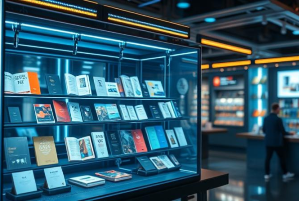 A futuristic digital marketplace with AI-generated products like eBooks, art, and templates displayed on a glowing screen.