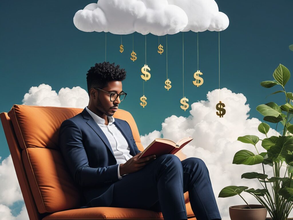A person reading a financial book with a thought bubble showing money growth, investment, and discipline.