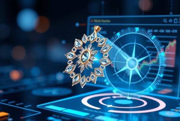 AI-powered jewelry design and website analysis concept featuring futuristic holographic interface.