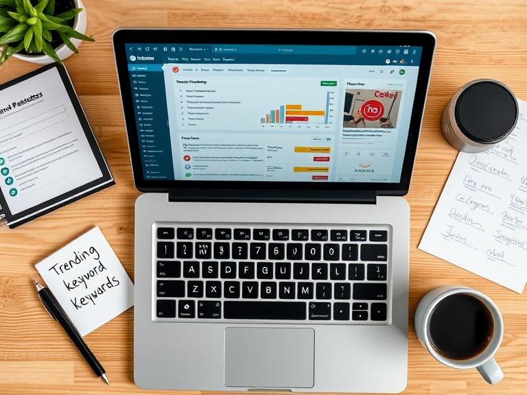 Pinterest SEO optimization with keyword research tools, laptop, and search engine results