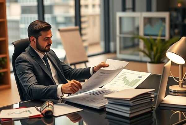 A confident entrepreneur strategizing wealth-building plans, surrounded by financial charts and investment books.