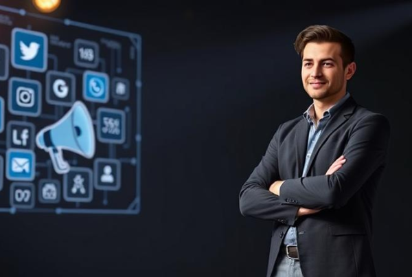 Confident person standing out from the crowd with spotlight and digital personal branding icons