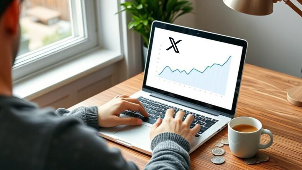 Person earning money online from X (Twitter), tracking social media income on a laptop.