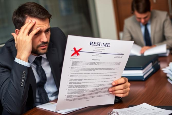 Frustrated job seeker looking at a rejected resume with a hiring manager in the background." rustrated job seeker looking at a rejected resume with a hiring manager in the background."