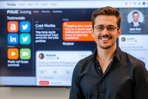 how to market yourself, A confident individual showcasing their personal brand with social media testimonials and digital platforms