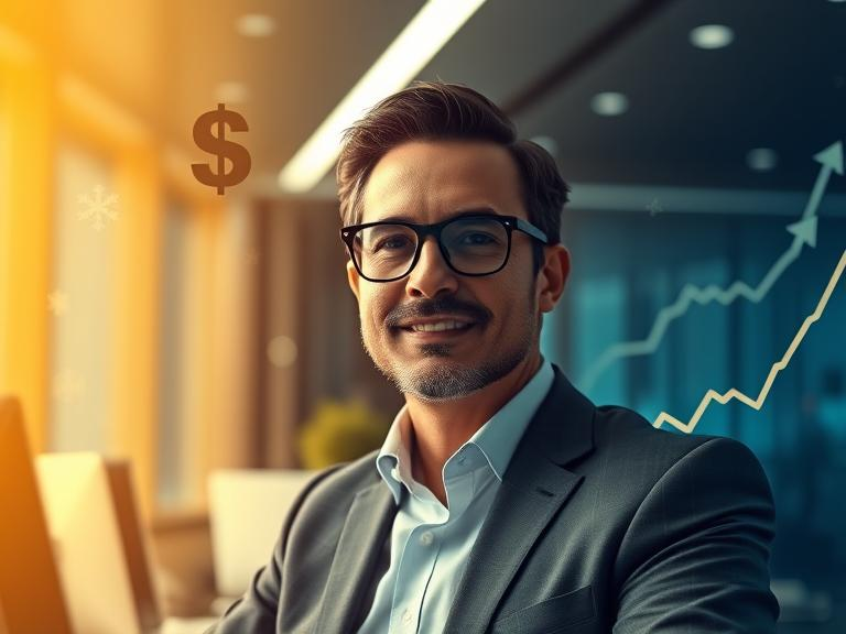 An empowered entrepreneur with a visionary look, overlaid with dynamic financial symbols like dollar signs, arrows, and graphs that illustrate a wealth-building mindset.