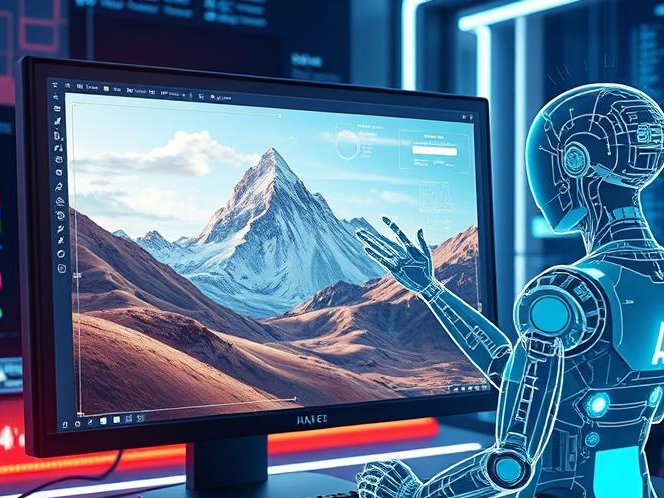 A futuristic digital workspace featuring an AI-powered system creating a vibrant artwork on a high-resolution screen, with a holographic assistant providing real-time creative suggestions.