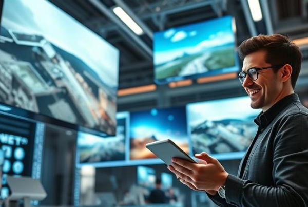 A person viewing earnings on a tablet while surrounded by floating digital screens displaying AI-generated art in a futuristic marketplace.