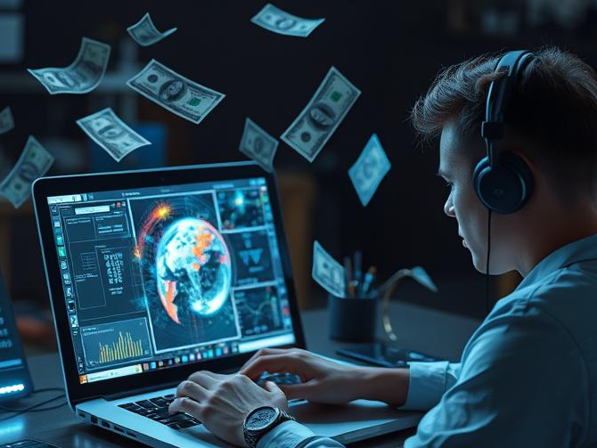 A digital artist creating AI-generated images on a laptop with floating dollar bills symbolizing online earnings.