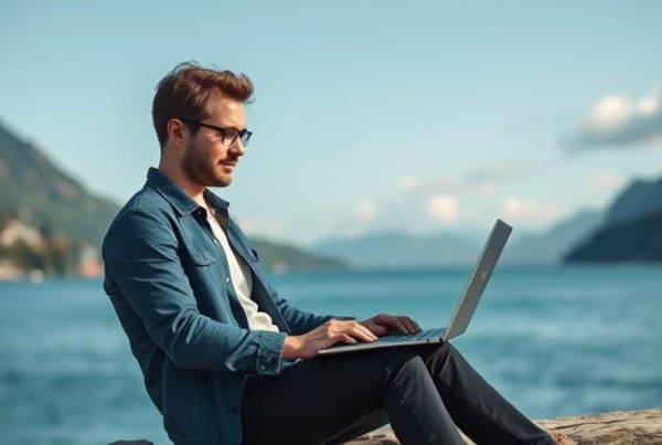 A digital entrepreneur working on a laptop in a scenic location, representing freedom and flexibility outside the 9-to-5 lifestyle.