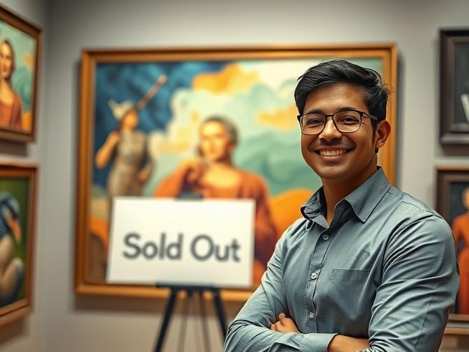 A successful AI artist in front of a gallery filled with AI-generated artworks, with a "Sold Out" sign on one piece.

