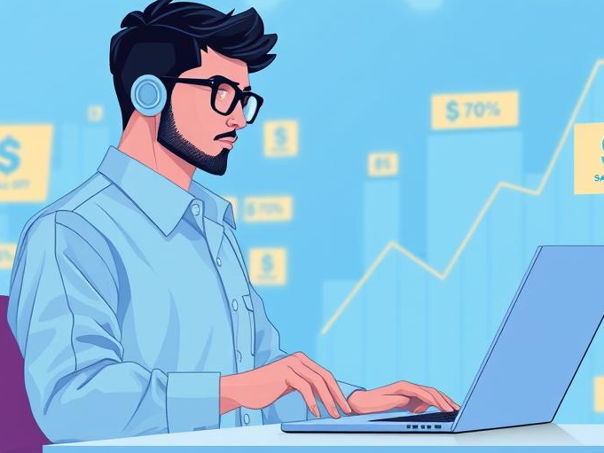 A digital entrepreneur managing multiple income streams from AI-generated art, with sales graphs indicating profit growth.