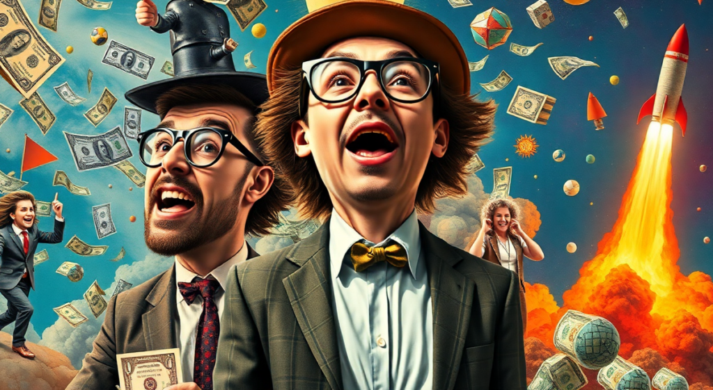 Surreal illustration of wild startup ideas turning into billion-dollar companies, with entrepreneurs, inventions, and dollar bills.