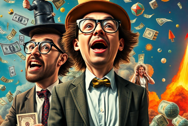 Surreal illustration of wild startup ideas turning into billion-dollar companies, with entrepreneurs, inventions, and dollar bills.