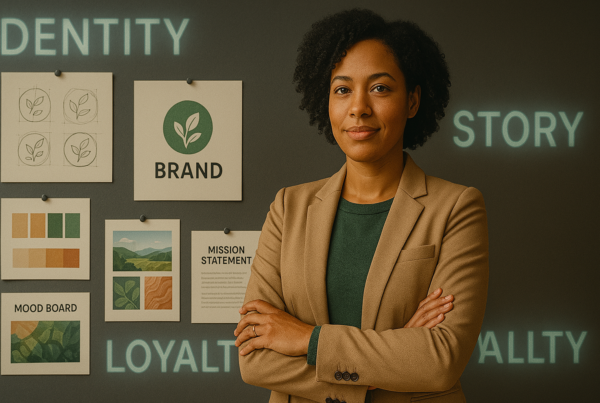 Entrepreneur standing proudly in a creative studio with brand strategy visuals on the wall, symbolizing the journey from business to brand.