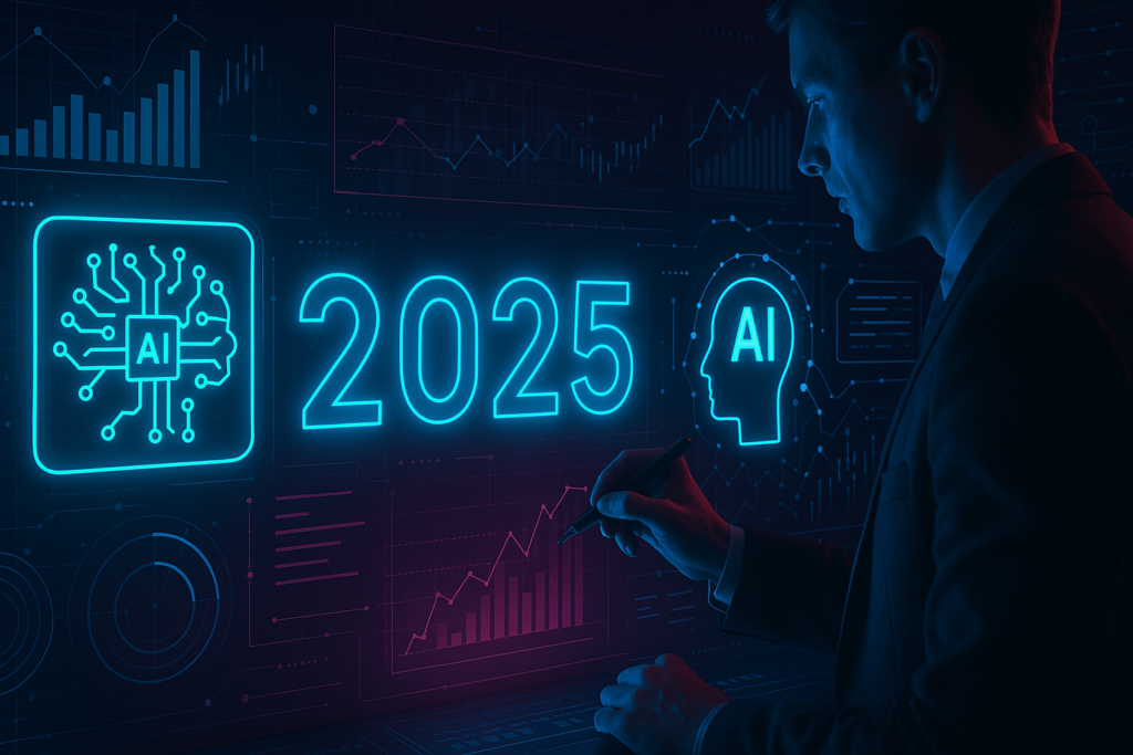 A futuristic business interface with AI icons, digital graphs, and a glowing 2025 headline in a tech-themed setting.