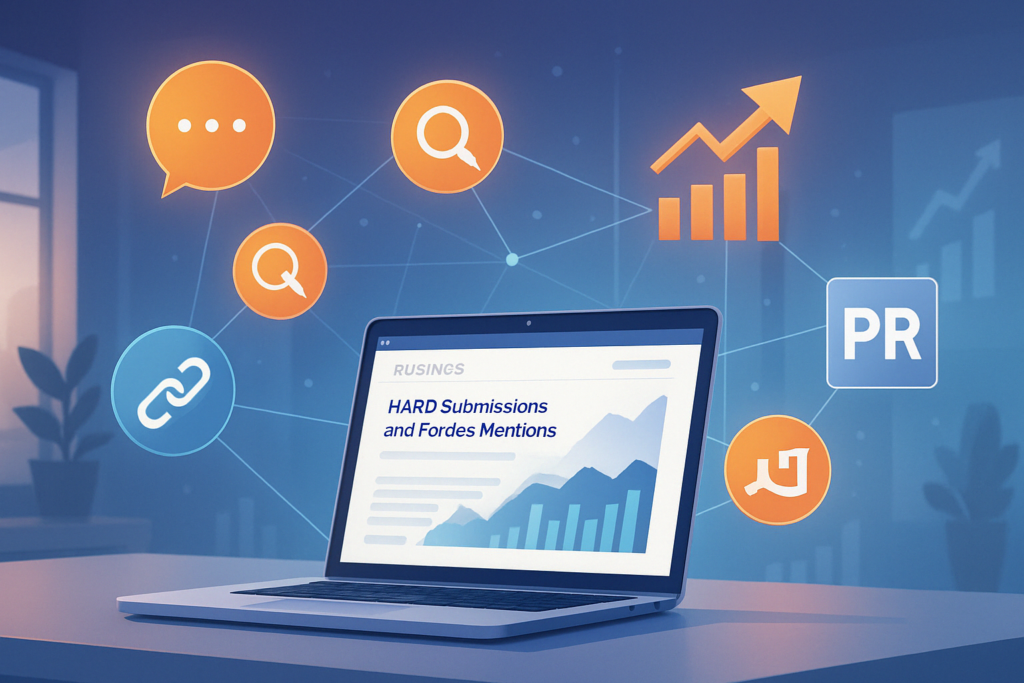 Laptop in a modern workspace with floating icons for growth, SEO, and media, connected by glowing lines and digital charts in the background.