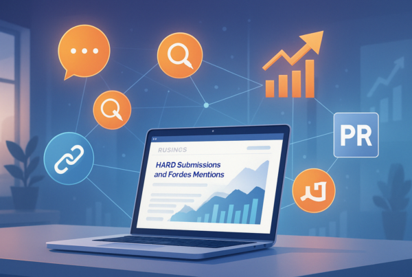 Laptop in a modern workspace with floating icons for growth, SEO, and media, connected by glowing lines and digital charts in the background.