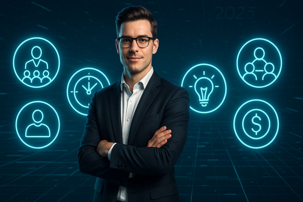 Confident entrepreneur surrounded by digital icons representing key business skills in 2025