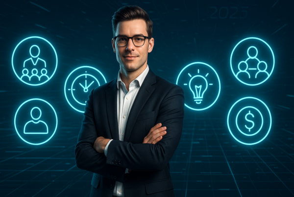 Confident entrepreneur surrounded by digital icons representing key business skills in 2025