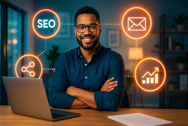 Small business owner using a laptop to manage digital marketing campaigns with icons of SEO, email, and social media around her.