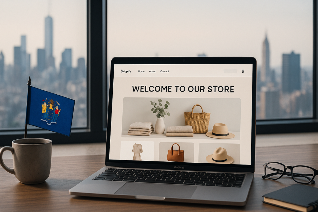 Modern workspace with a laptop showcasing a stylish Shopify website, featuring New Jersey elements like a state flag and city skyline in the background—ideal for representing web design services for local businesses.