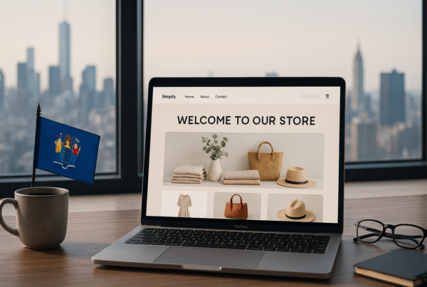 Modern workspace with a laptop showcasing a stylish Shopify website, featuring New Jersey elements like a state flag and city skyline in the background—ideal for representing web design services for local businesses.