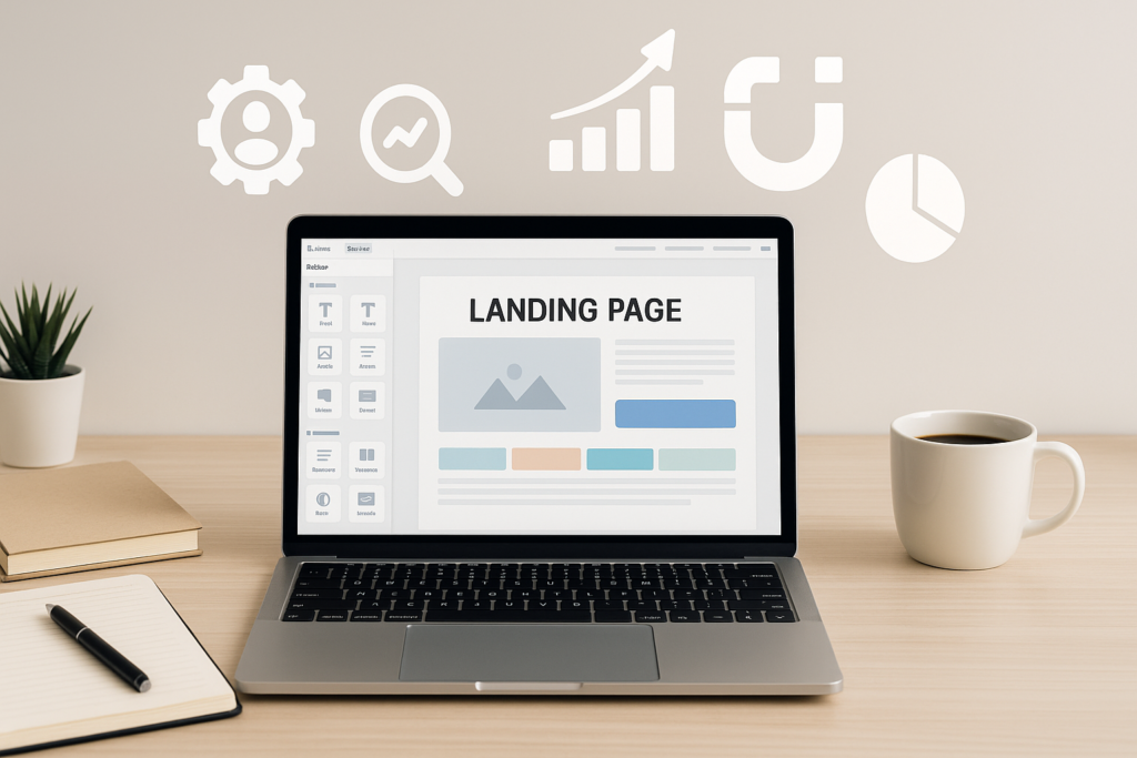 A digital workspace showing a laptop with a landing page builder on screen, surrounded by notebooks, coffee, and floating marketing icons like leads and conversion charts.