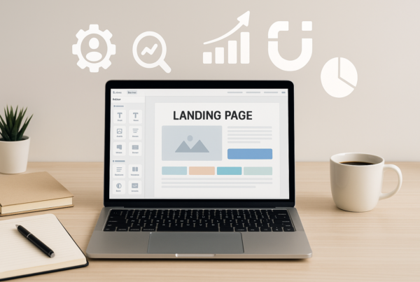 A digital workspace showing a laptop with a landing page builder on screen, surrounded by notebooks, coffee, and floating marketing icons like leads and conversion charts.