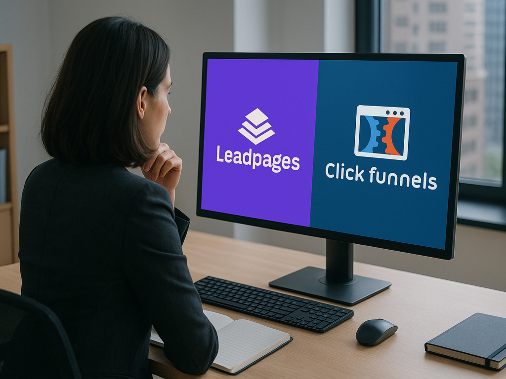 Businesswoman choosing between two marketing platforms on a computer screen with Leadpages and ClickFunnels logos.