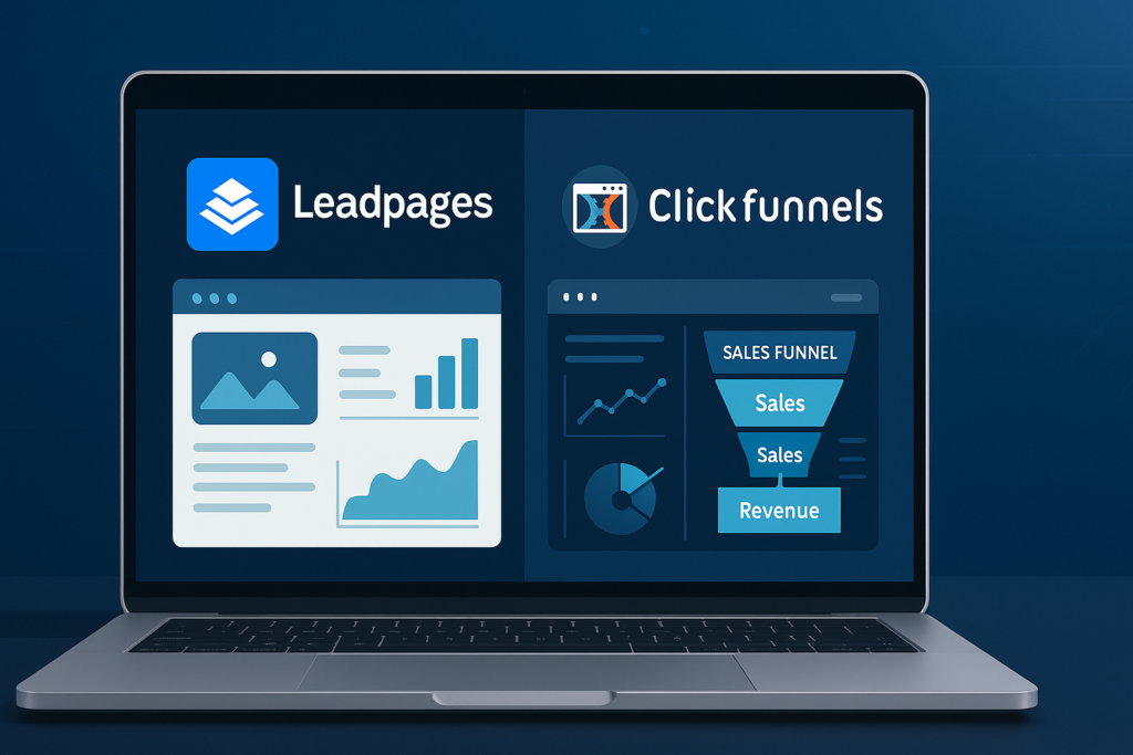 Comparison of Leadpages and ClickFunnels platforms with graphs and website screenshots on a laptop screen, 2025