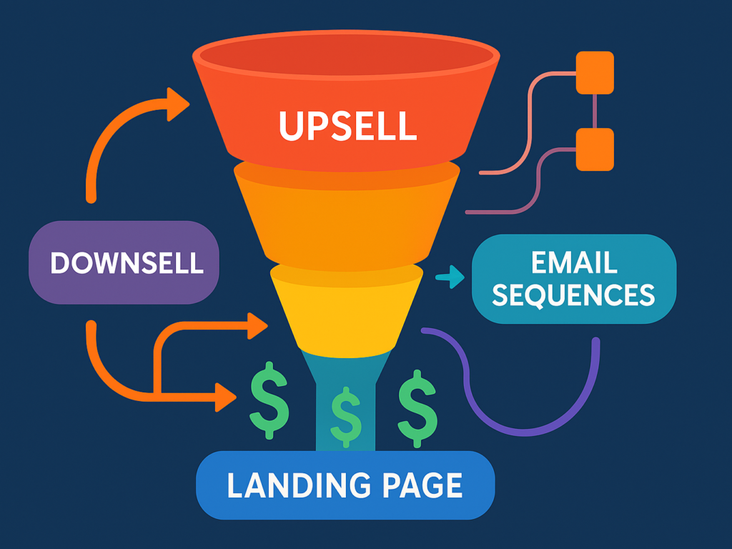 Sales funnel illustration showing upsells, downsells, and landing pages connected in a flowchart