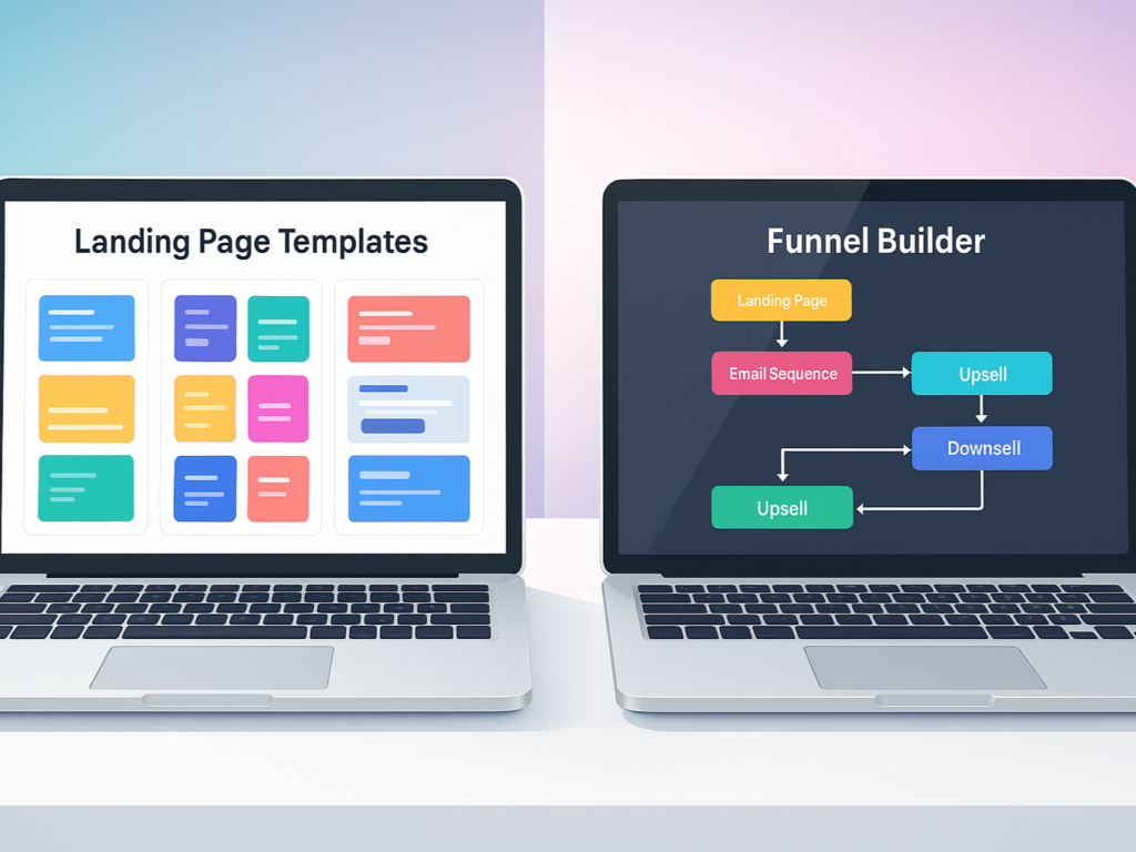 Split-screen image comparing Leadpages' colorful landing page templates with ClickFunnels' structured funnel builder on two laptops in a modern digital workspace.