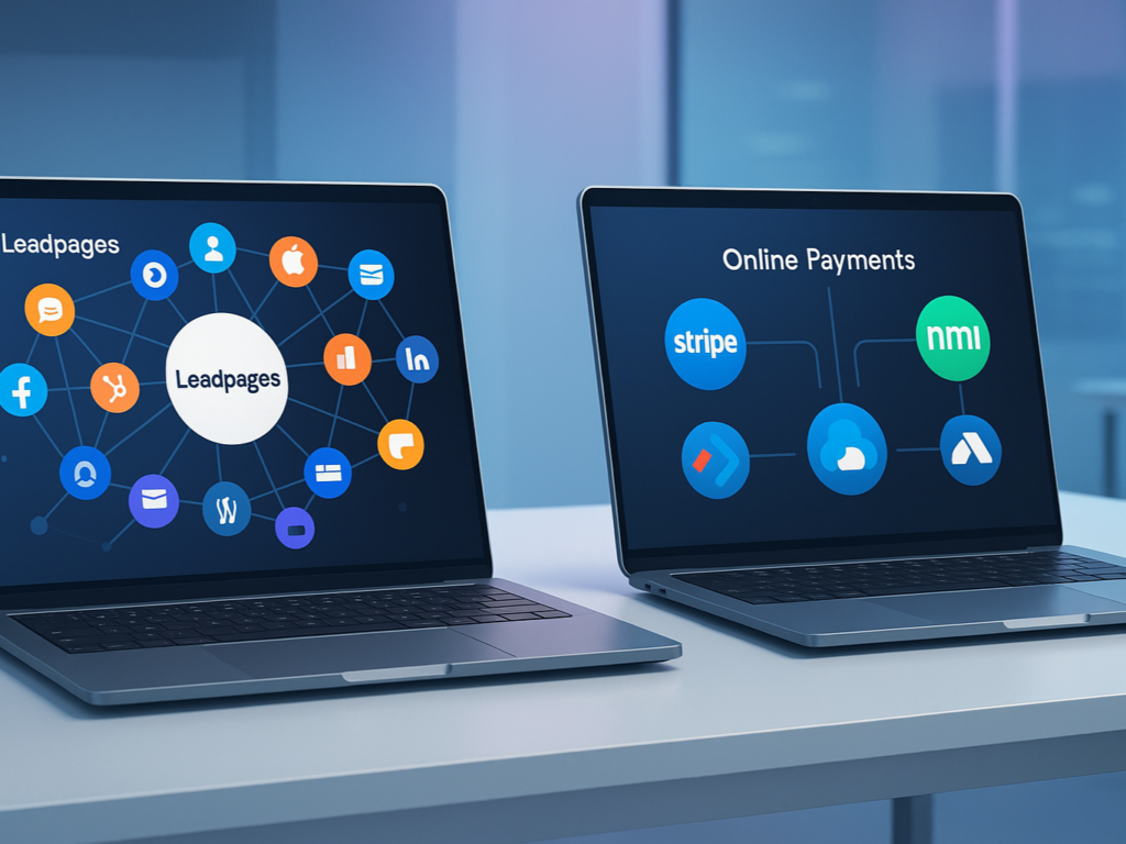 Modern digital workspace featuring two laptops: one showcasing a wide network of interconnected marketing tools (Leadpages integrations) and the other emphasizing seamless online payment connections (ClickFunnels built-in payments), futuristic 2025 tech environment, clean and professional.