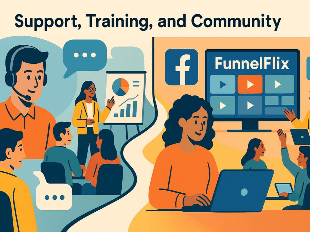 Illustration of two paths: one leading to a customer support team with chat bubbles and training sessions (representing Leadpages), and the other leading to a large video library and a vibrant online community (representing ClickFunnels), symbolizing different approaches to user support and education.