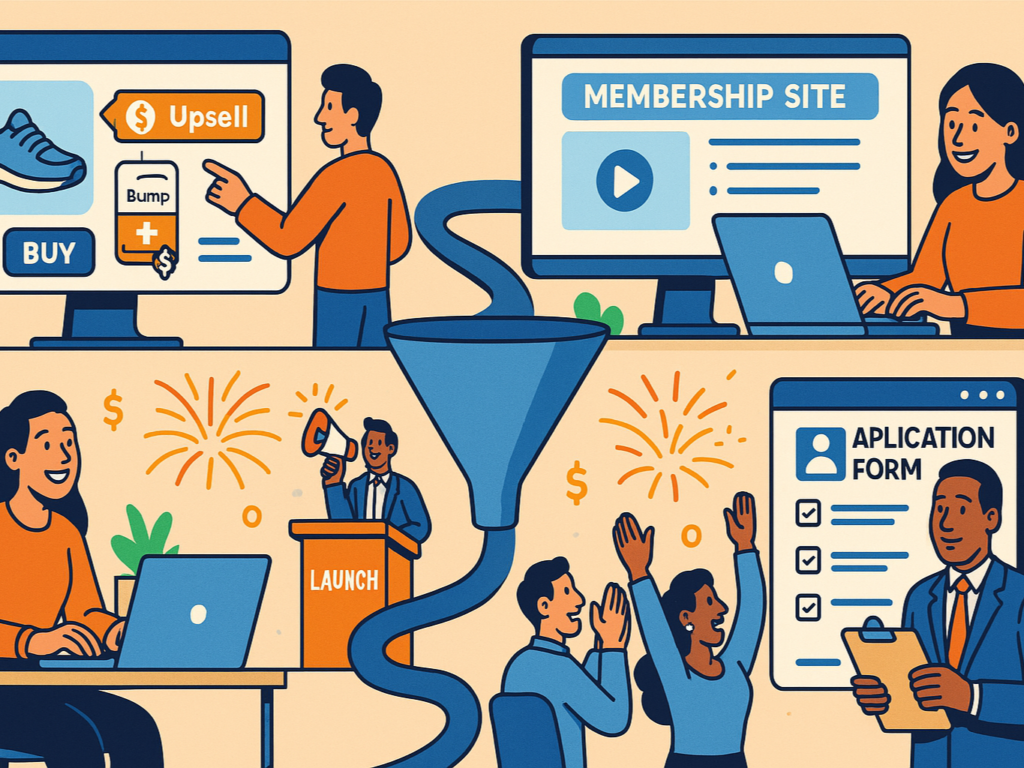 Illustration showing different business types using ClickFunnels: an eCommerce store creating upsells, a course creator building a membership site, a business owner launching a product, and a consultant qualifying leads through an application funnel, all connected by an automated sales funnel system.