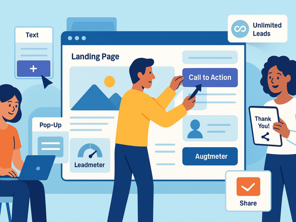 Illustration of small business owners and entrepreneurs easily creating landing pages, pop-ups, webinar pages, and thank you pages using a simple drag-and-drop editor, highlighting Leadpages' focus on fast, affordable lead generation without coding skills.