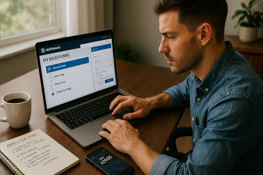 An entrepreneur working on a laptop with ClickFunnels open on the screen, creating a sales funnel. The workspace is modern, with coffee, notes, and a phone showing real-time sales notifications, symbolizing business growth and digital marketing success.