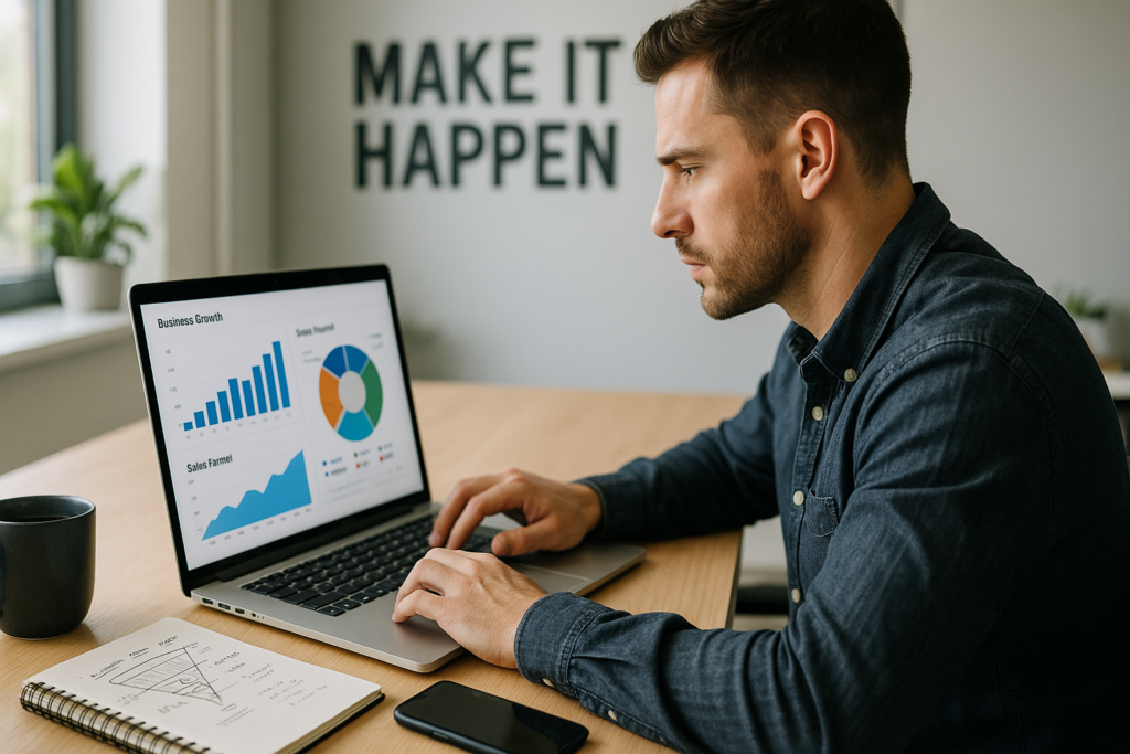 Entrepreneur thoughtfully analyzing business growth strategy on a laptop, reviewing sales funnel performance and considering investment in a sales platform like ClickFunnels, in a bright and modern office setting.