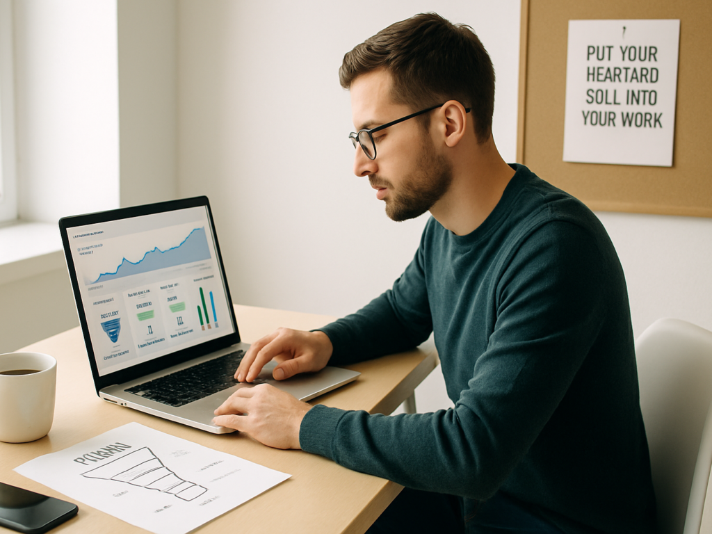 Focused entrepreneur reviewing sales funnel strategy on a laptop, considering if ClickFunnels is the right fit for their coaching or small business needs, in a bright, inspiring workspace.