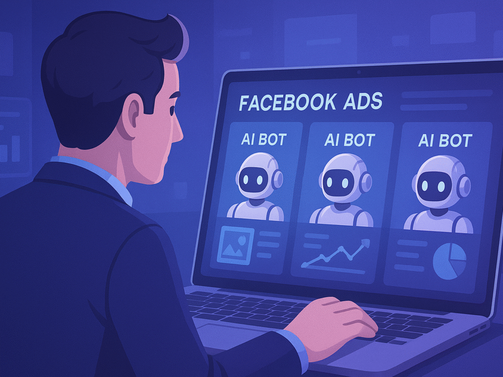 Marketer choosing the right AI bot for Facebook ads.