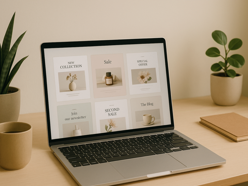 Laptop screen showing elegant email templates.