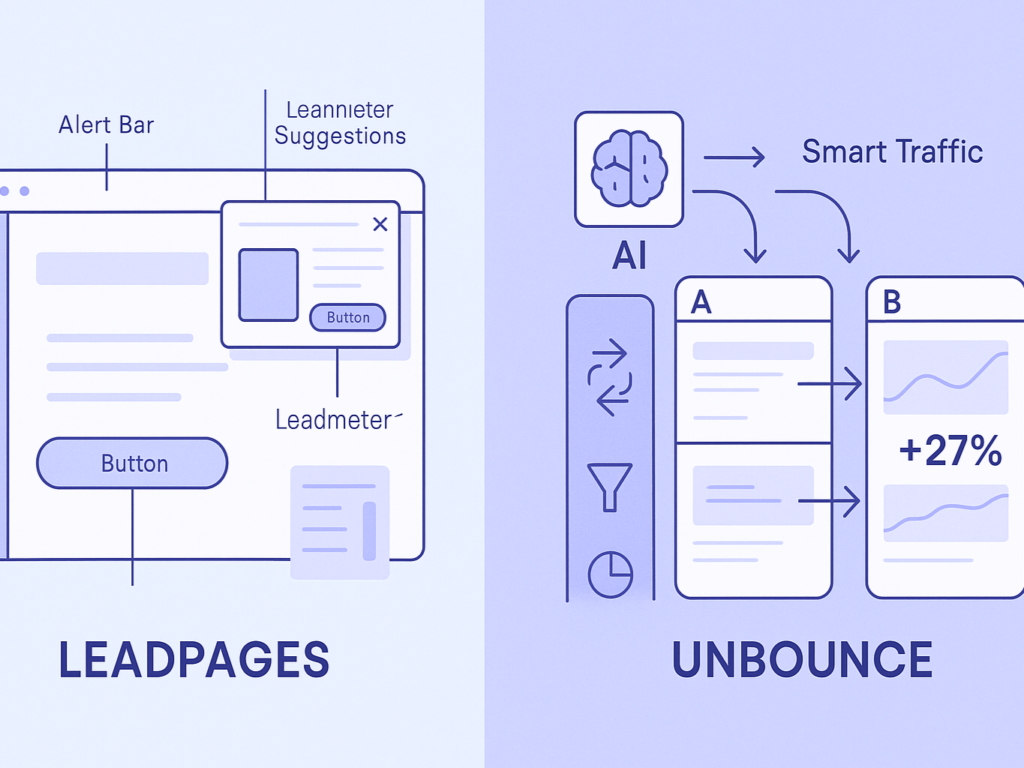 Side-by-side of Leadpages' simple landing page builder and Unbounce's high-tech AI dashboard with traffic flow and split test charts.