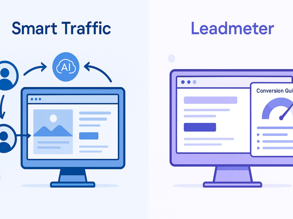 Side-by-side illustration of Unbounce's Smart Traffic with visitor routing and Leadpages' Leadmeter with real-time conversion guidance. Clean, modern design with blue and purple tones.