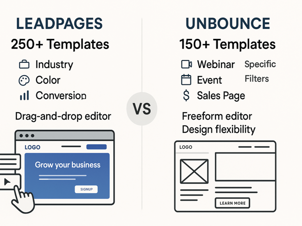 Comparison of Leadpages and Unbounce template libraries and customization options for landing page design. Leadpages offers 250+ conversion-focused templates with filtering options by industry, style, and performance, while Unbounce provides 150+ templates with campaign-specific filters and greater design flexibility.