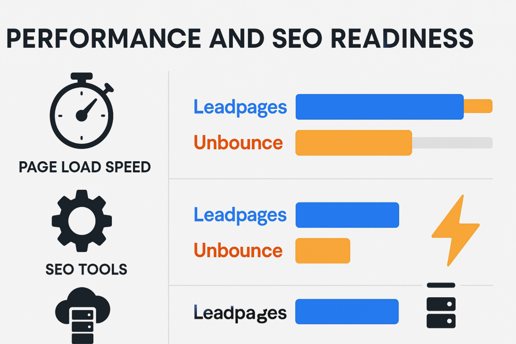 An infographic comparing the technical performance and SEO readiness of Leadpages vs. Unbounce. Show page load speed with a stopwatch icon, SEO tools with a gear icon, and uptime with a cloud and server symbol. Include a lightning bolt for AMP support. Use modern, sleek visuals and bold typography. Incorporate charts or graphs to highlight speed, SEO tools, and uptime differences. Use contrasting colors to distinguish between Leadpages and Unbounce."