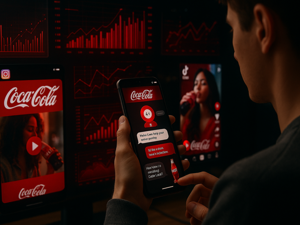 Photorealistic scene of a young person using a smartphone displaying a Coca-Cola chatbot offering personalized drink recommendations. Surrounding the user are floating screens with real-time video content playing on Instagram and TikTok, and data analytics charts in the background. The color theme includes Coca-Cola's red, white, and black branding with a futuristic tech ambiance.
